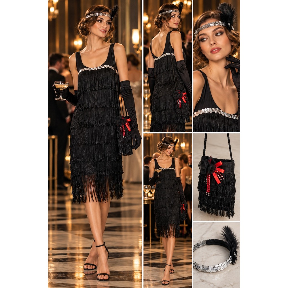 Spirit 1920s Gatsby Flapper Costume 4pc Set Black Fringe Dress Gloves Purse L
